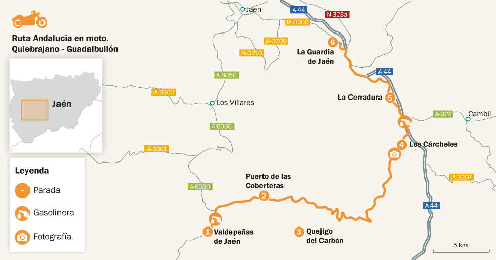 Mapa ruta en moto Quiebrajano - Guadalbullón